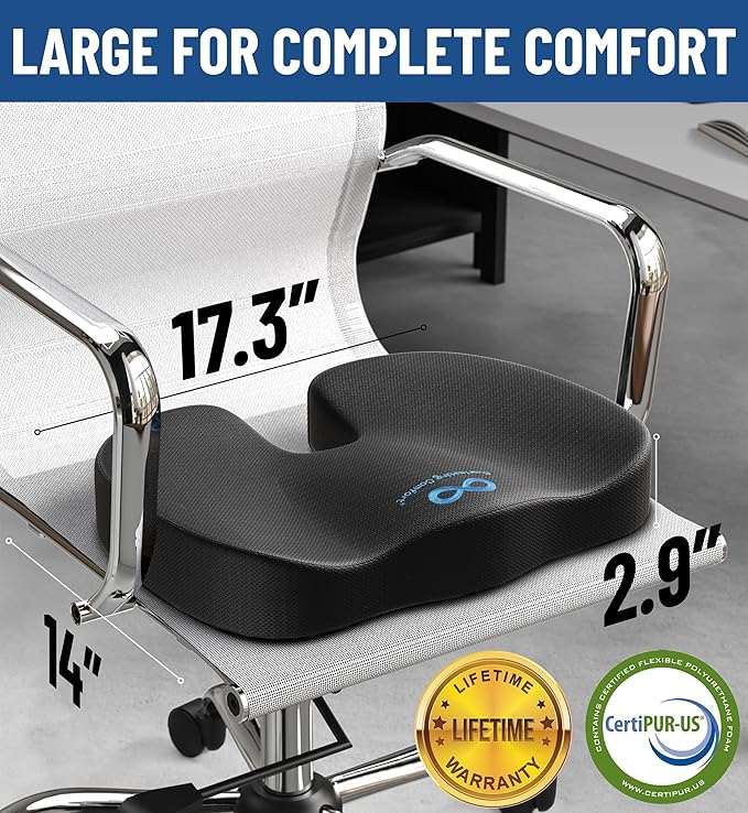 Everlasting Comfort Doctor Recommended Memory Foam Seat Cushion for Office Chairs & Car Seat - Ergonomic Office Desk Accessories for Tailbone Pain Relief, Sciatica & Back Support