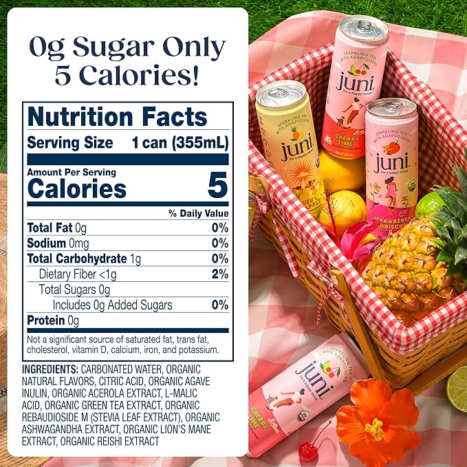 Juni Sparkling Adaptogen Drink with Ashwagandha, Lion’s Mane & Reishi Mushrooms | Green Tea for Focus, Zero Sugar, 5 Calories | Decaffeinated, Non Alcoholic Drinks - Cherry Lime 12 pack