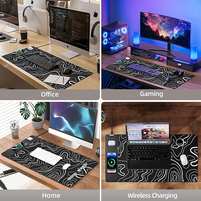 Mouse Pad with Wireless Charging, Gaming Mouse Pad with Ultra-Smooth Surface, Large XXL Desk Mat, Non-Slip Mouse Mat, Waterproof Computer Keyboard Pad for Gaming, Desk, Office, PC, 800x400x4MM, Black