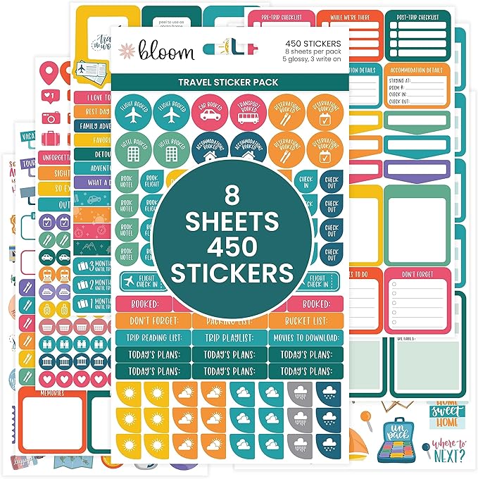 bloom daily planners Travel Planner Stickers - 8 Sheets / 450 Stickers - Adventure Variety Pack for Trip Planning, Scrapbooking, Calendar Decorating, Vacation Journaling - Colorful Icons & Quotes