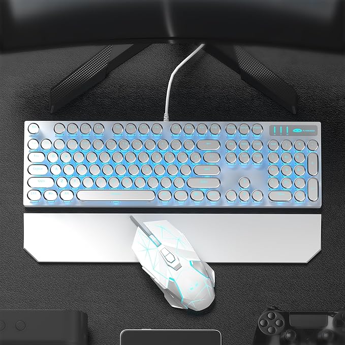 Retro Typewriter Keyboard and Mouse Combo, Cute White Keyboard with Linear Red Switches, Full Size Wired Mechanical Gaming Keyboard, Cool Light Up Keyboard and Mouse for Gaming,Work,Mac,PC,Windows