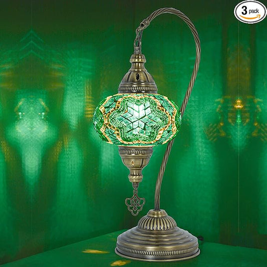 mozaist Turkish Mosaic Swan Neck Table Lamp, Moroccan Tiffany Style Turquoise Handmade Stained Glass Bedside Nightstand, Home Decor Gooseneck Boho Light with E12 Socket & US Plug (Emerald Teal)