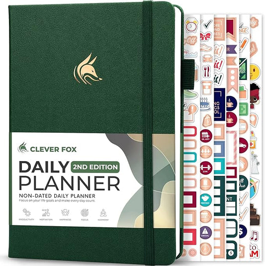 Clever Fox Daily Planner 2nd Edition – Undated Time Block Task Organizer with Hourly Schedule & To-do list – A5, 6 Months (Forest Green)