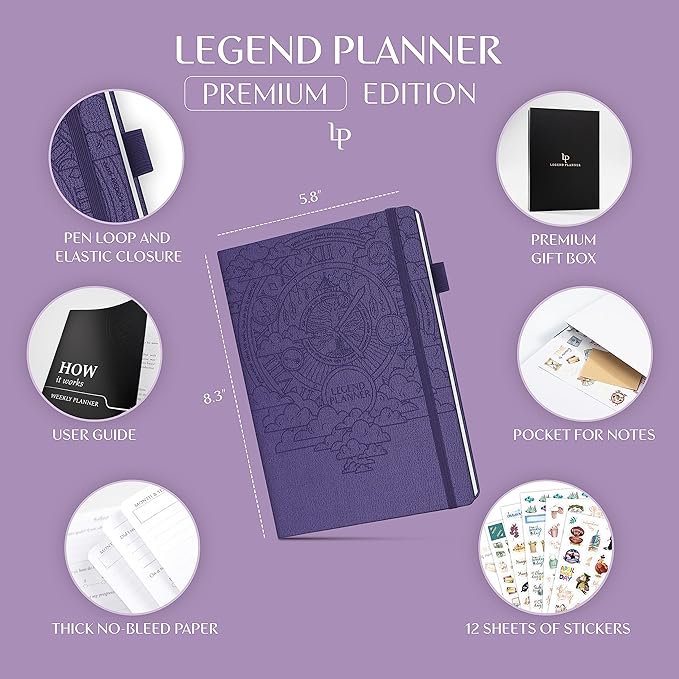 Legend Weekly Planner Premium – Undated Weekly, Monthly & Budget Planner – Life Organizer for Time Management & Productivity, A5 (Purple)