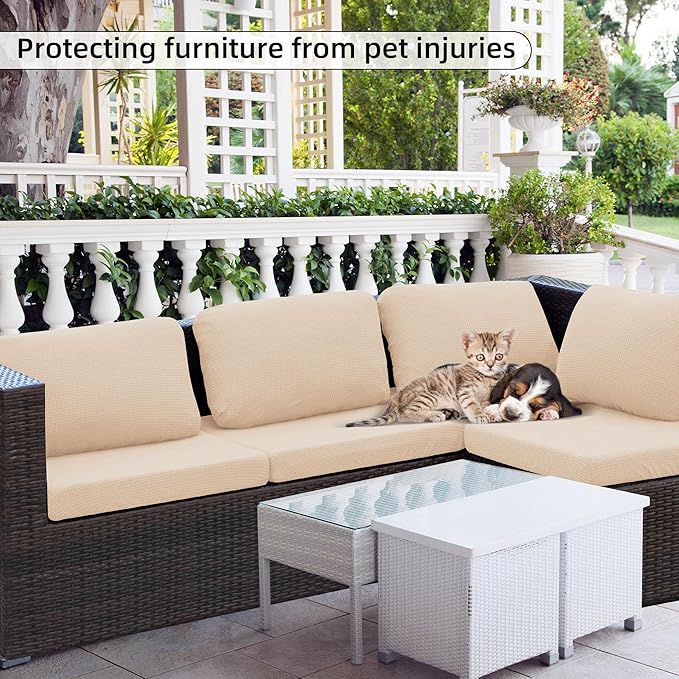 8Pcs Stretch Patio Cushion Cover Outdoor Cushion Cover Replacement Slipcovers Thick Jacquard Textured Twill Fabric Porch Patio Furniture Protector Polyester Fiber (Cream，Cover，Only)