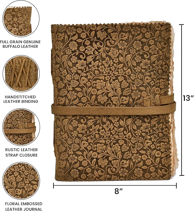 LEATHER VILLAGE Leather Bound Floral Embossed Journal for Women Men - 200 Pages, 13X8 Inches, Suntan - Book of Shadows, Vintage Blank Paper Travel Diary, Notebook for Writing, Drawing, Sketchbook