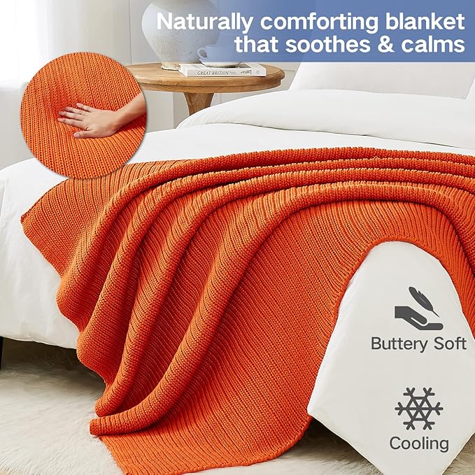 Guohaoi Knitted Weighted Blanket for Adults (Orange 48"x72" 15lbs) No Beads Cooling Throw Blanket for Hot Sleepers, Home Decor Breathable Chunky Knit Heavy Blanket Use on Full Size Bed