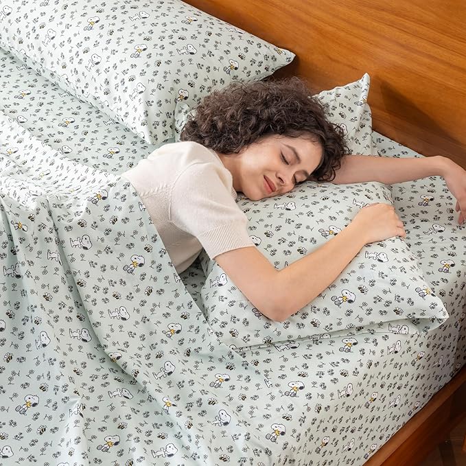 Berkshire Blanket Peanuts® Kids Sheet Set Queen Size - 4 Pieces,Cute Character Snoopy Printed Soft Microfiber Bed Sheets,Mini Snoopy & Woodstock New Flower and Bees Sage