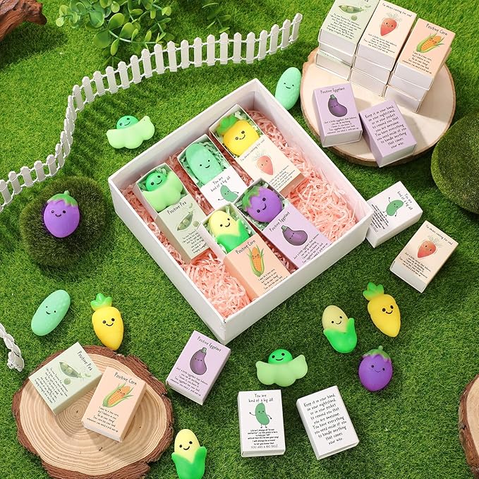 Wettarn 25 Sets Positive Gifts Vegetable Stress Balls with Support Gift Boxes Inspirational Party Favors for Employee Coworker Friends Office Appreciation Relief Toys