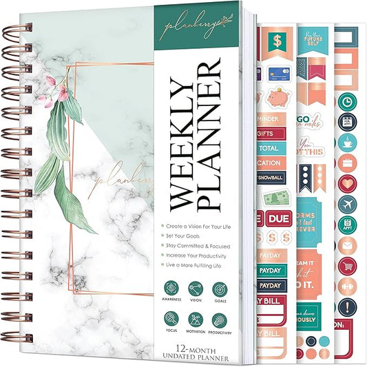 PLANBERRY Weekly Planner – Undated Life Organizer & Budget Planner – Time Management, Goal Setting, To-Do List, Work-Life Balance & Habit Tracker – 6.1″ x 8.1″ (Natural Green)
