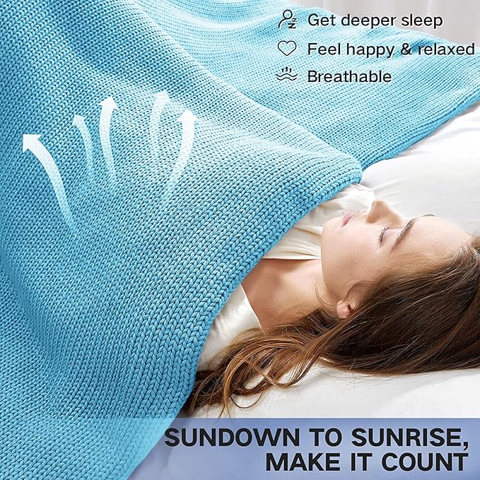 Guohaoi Knitted Weighted Blanket(Blue 60"x80" 20lbs),Home Décor Cooling Throw Blanket for Hot Sleepers,Hand Made Chunky Knit Heavy Blanket for Adults Use on Queen/King Size Bed