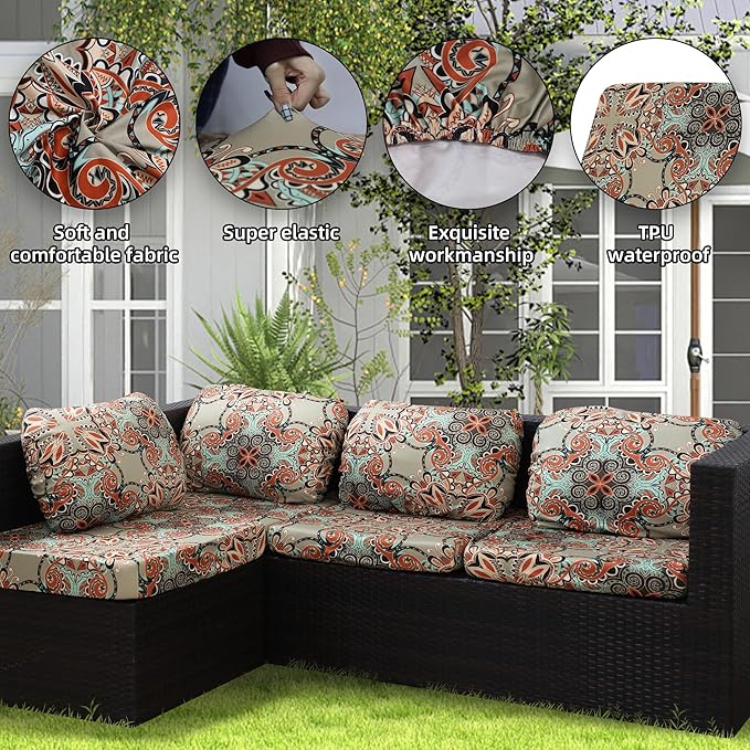 8Pcs Stretch Patio Cushion Covers Outdoor Cushion Cover, Jacquard Stretch Cushion Covers, Cover Replacement, Outdoor Sofa Covers, Washable Furniture Couch Cushion Cover (Orange Latte)
