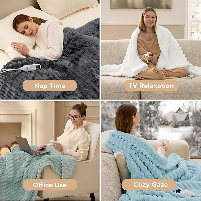 Bedsure Electric Blanket Queen Size - Thick Striped Flannel Electric Blanket with Dual Control, Heating with 10 Heat Settings & 10 Time Settings, 8 hrs Timer Auto Shut Off (84x90 inches, Grey)