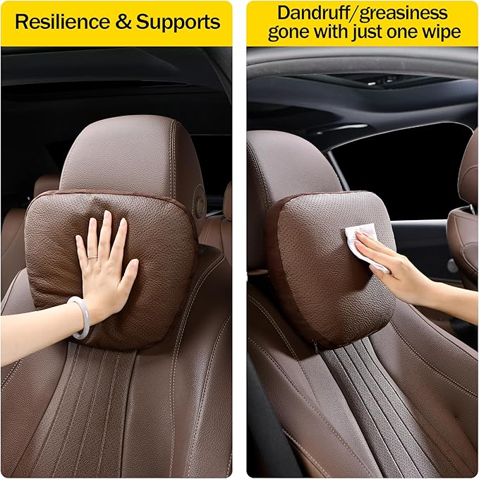 Genuine Cowhide Leather Headrest car Neck Pillow,Head Support Rest Driver,11.8x7.5”Real Cow Leather,Suede,Plant-Based Polyester,refillable&Adjustable Travel Vehicle Cushion(Off-White,1p)