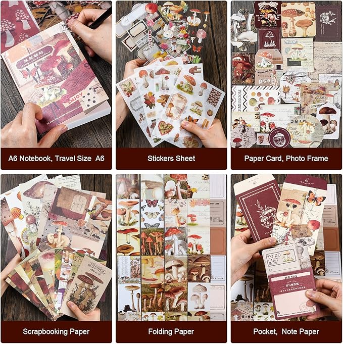 Scrapbooking Supplies Kit, Vintage Aesthetic Scrapbook Kit, Junk Journal Supplies with Scrapbooking Paper A6 Grid Notebook, Journaling Supplies, Birthday Craft Gift for Adult Teen Girl Kid, Mushroom