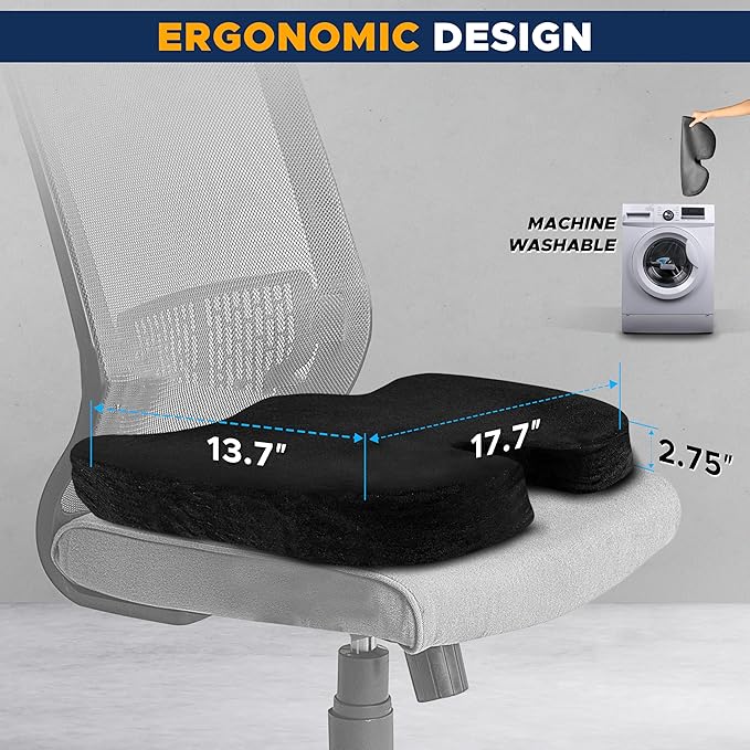 EcoNour Thick Seat Cushions for Tailbone Pain Relief (2 Pack) | Orthopedic Desk Chair Cushion for Office, Gaming Chair & Car Seat | Sciatica & Coccyx & Tail Bone Pain Relief for Long Sitting Elderly