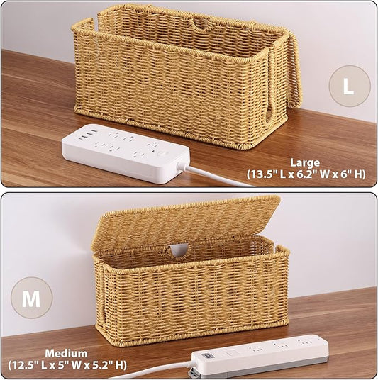 2Pack Large Cable Management Box, Handwoven Imitation Rattan Cord Organizer wire Hider Box, Desk Cord Management to Hide Cords and Power Strips