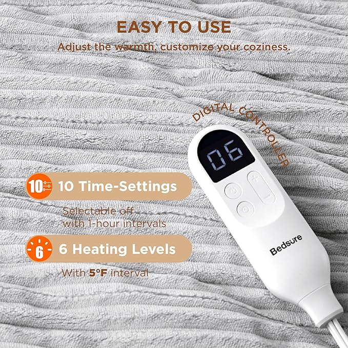 Bedsure GentleSoft Electric Blanket Full Size - Soft Ribbed Flannel Heated Blanket with 6 Heat Settings, Heating with 10 Time Settings, 8 hrs Timer Auto Shut Off (72x84 inches, Light Grey)