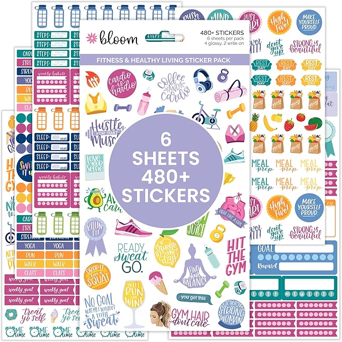 bloom daily planners Health Wellness and Fitness Planner Stickers - Variety Sticker Pack - Six Sticker Sheets Per Pack!