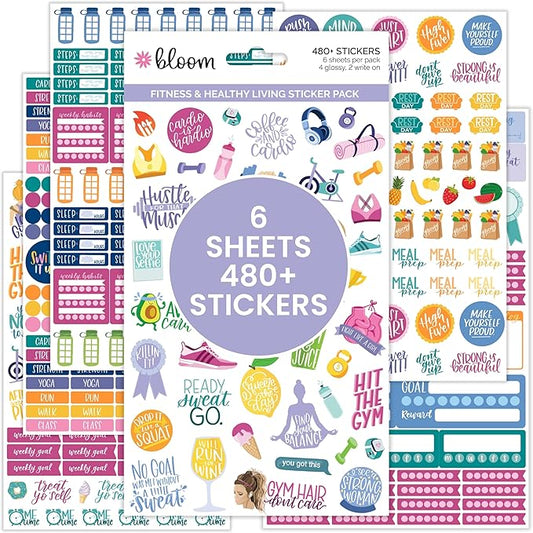 bloom daily planners Health Wellness and Fitness Planner Stickers - Variety Sticker Pack - Six Sticker Sheets Per Pack!