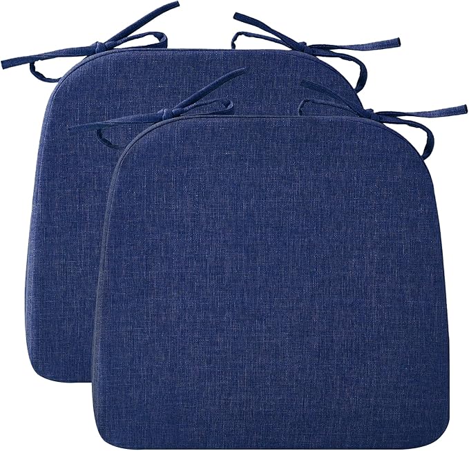 Chair Cushions for Dining Chairs, 2" Thick Seat Cushions for Kitchen Chairs, D-Shaped Chair Pads with Washable Cover, Ties and Non Slip Backing, 17'' x 16'', Set of 2, Blue