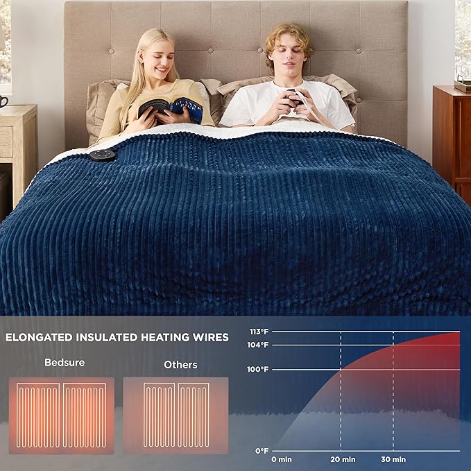 Bedsure GentleSoft Electric Blanket King Size - Soft Ribbed Flannel Heated Blanket with Dual Control, Heating with 10 Heat Settings & 10 Time Settings, 8 hrs Timer Auto Shut Off (90x100 inches, Navy)