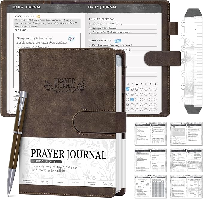 Ospelelf Brown Christian Daily Prayer Journal for Men, Faux Leather Gratitude Journal Planner, Undated 3 Month Bible Notebooks for Note Taking