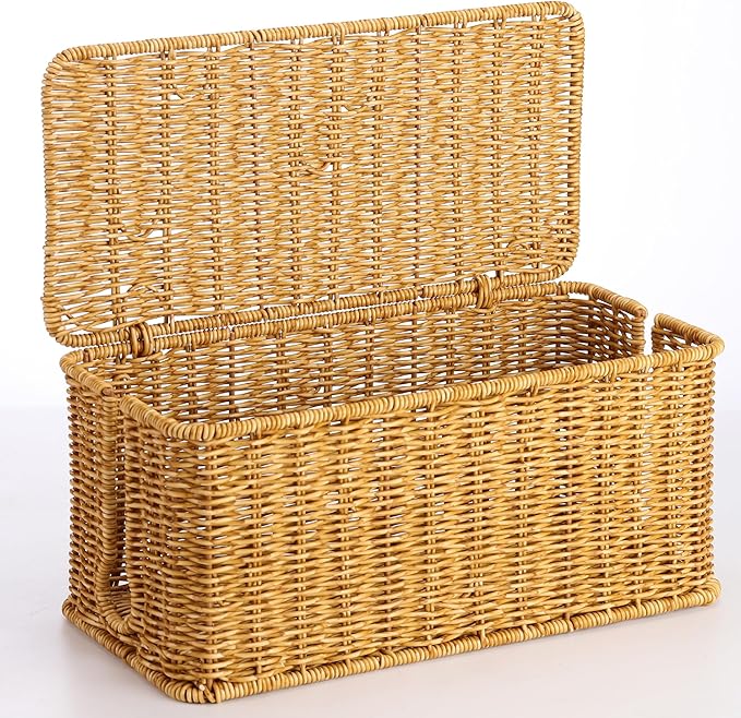 Large Cable Management Box, Handwoven Imitation Rattan Cord Organizer Cord Hider Box, Desk Cord Management Box to Hide Cords and Power Strips, 13.5" L x 6.2" W x 6" H, Natural