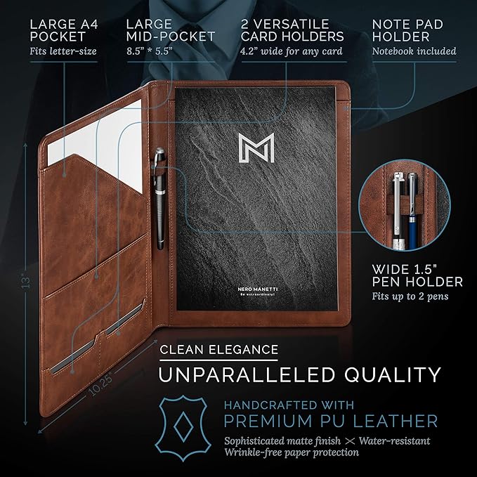 Leather Portfolio Folder - Business PU Leather Notepad Holder for Resumes, Legal Pad Executive Binder, Professional Padfolio Notebook for Women/Men (Brown)
