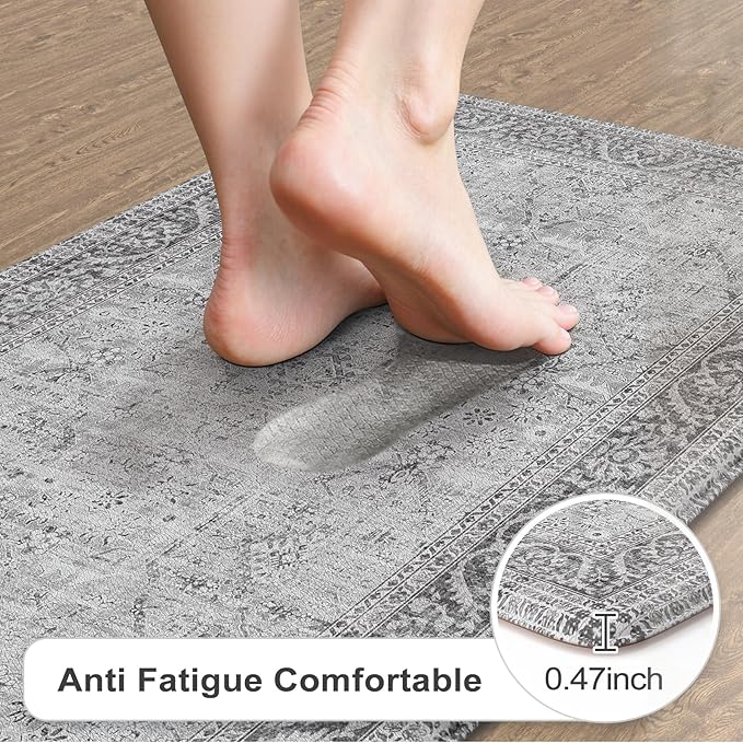 KIMODE Anti Fatigue Kitchen Mats for Floor, Boho Vintage Kitchen Rugs Sets of 2, Cushioned Kitchen Floor Mats Non Slip, Comfort Rugs for Kitchen Floor Sink Laundry Desk Grey 20"x59"+20"x32"