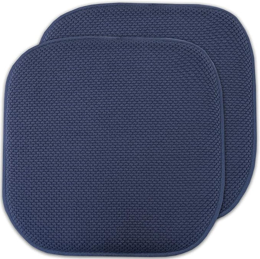 Sweet Home Collection Memory Foam Chair Cushion Honeycomb Pattern Solid Color Slip Non Skid Rubber Back Ultimate Comfort and Softness Rounded Square 16" x 16" Seat Cover,2 Pack,Navy Blue, 2 Piece