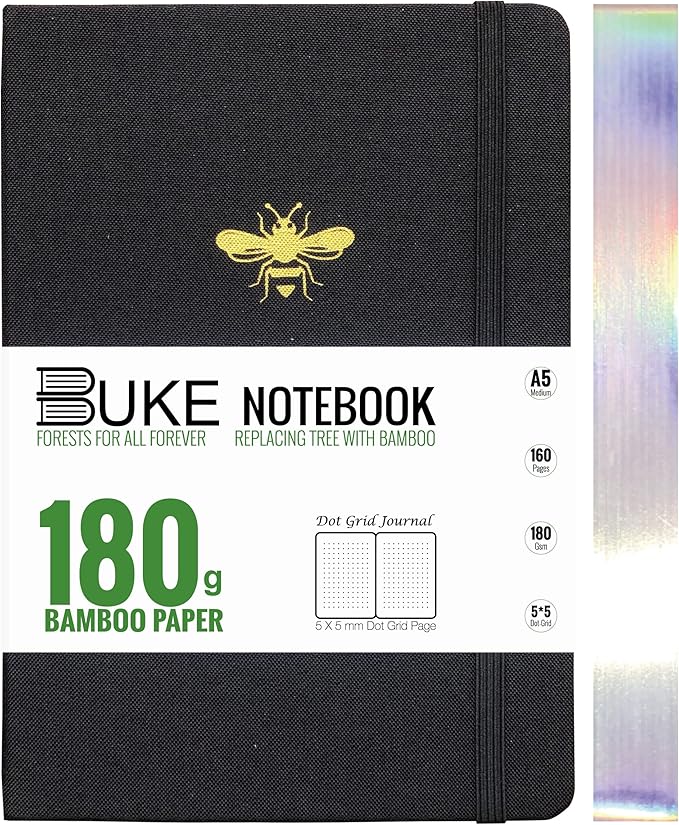BUKE Honeybee A5 Dotted Notebook Dot Grid Journal 180Gsm Bamboo White Paper, 5 * 5MM Dot Grid 160 Pages,Colored Silver Edges,Waterproof Fabric Hardcover