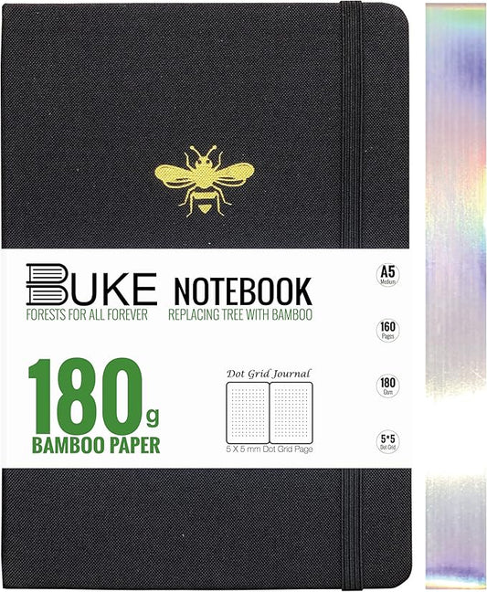 BUKE Honeybee A5 Dotted Notebook Dot Grid Journal 180Gsm Bamboo White Paper, 5 * 5MM Dot Grid 160 Pages,Colored Silver Edges,Waterproof Fabric Hardcover