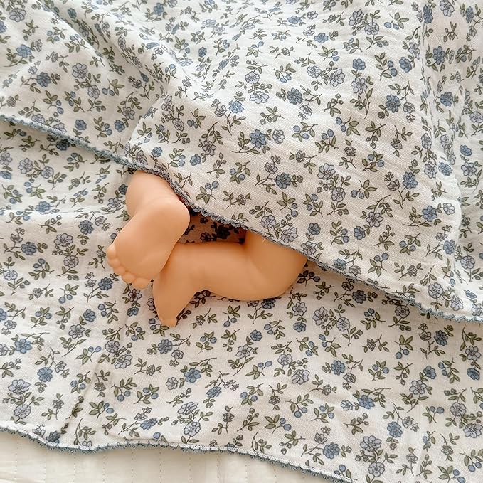 BuLuTu 100% Cotton Muslin Toddler Blanket for Girls Boys Shabby Chic Blue Floral Baby Blanket Soft Lightweight Toddler Bed Blankets Gauze Cotton Crib Quilt, 1 pc, 47"x51"