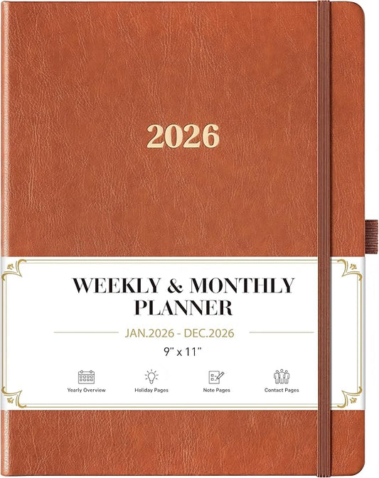 2026 Planner - 2026 Planner Weekly and Monthly, Jan.2026 - Dec.2026, 9" x 11", Weekly Monthly Planner 2026, Calendar Planner with Pen Holder + Elastic Closure + Leather Hardcover +Bookmarks - Brown