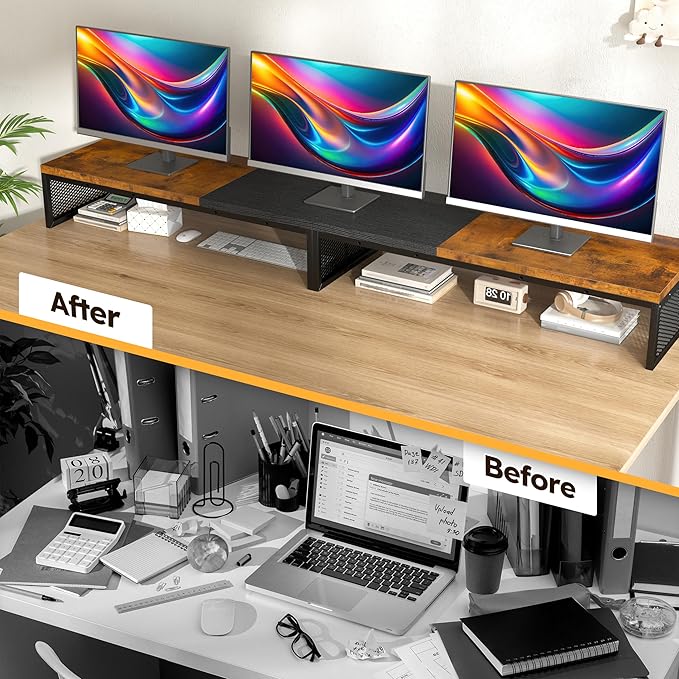 EnHomee 55.2" Computer Monitor Stand, Desk Shelf for Top of Desk for 3 * 23" Monitors/Laptop Computer/PC/Printers, TV Riser for 65 60 55 Inch TV for Bedroom Home Office, Rustic Brown