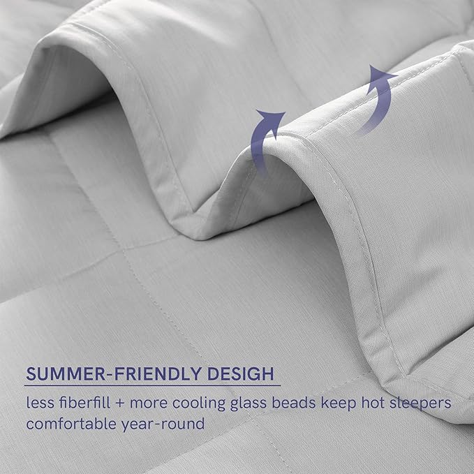 YnM Cooling Weighted Blanket — Heavy 100% Oeko-Tex Certified Cooling Nylon/PE with Premium Glass Beads (Light Grey Quill, 60"x80" 25lbs), Suit for One Person(~240lb) Use on Queen/King Bed