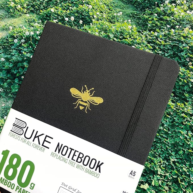 BUKE Honeybee A5 Dotted Notebook Dot Grid Journal 180Gsm Bamboo White Paper, 5 * 5MM Dot Grid 160 Pages,Colored Silver Edges,Waterproof Fabric Hardcover