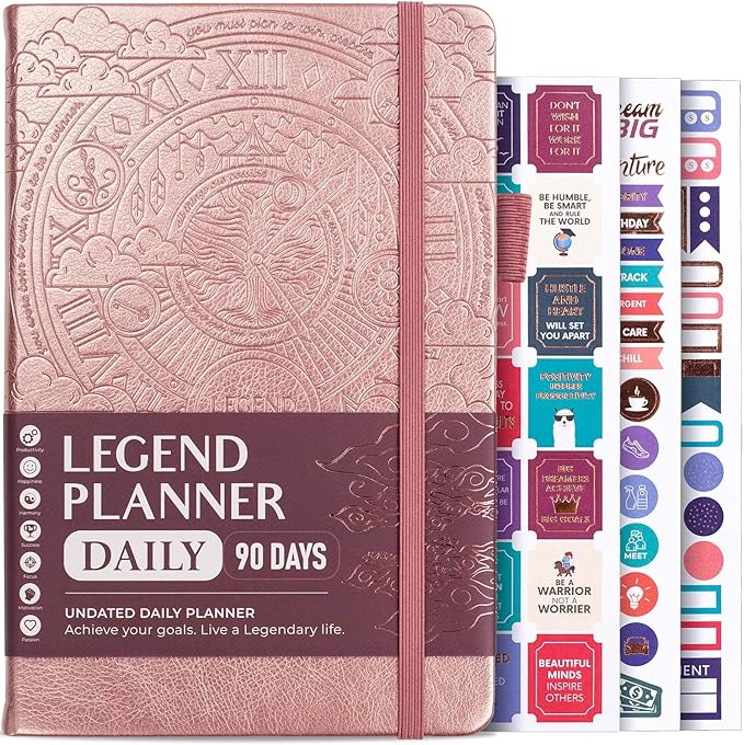 Legend Planner Daily for 3 Months – Undated Monthly Weekly & Daily Planner to Hit Goals. Organizer & Productivity Journal, A5 (Rose Gold)