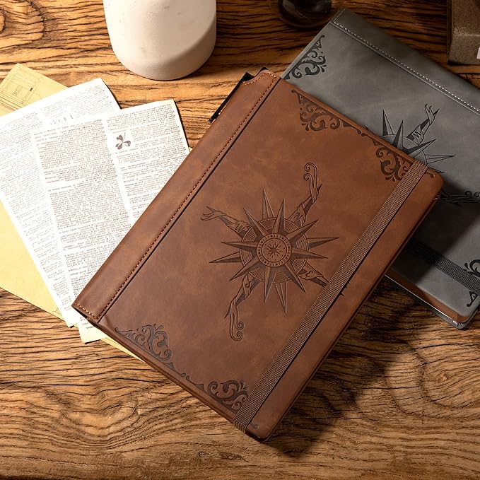 CAGIE Compass Leather Notebook Journal for Men, 100 GSM 288 Pages Lined Journals for Writing, A5 Hardcover Journaling Notebooks Gift Set with Pen for Travel Office Daily Writing