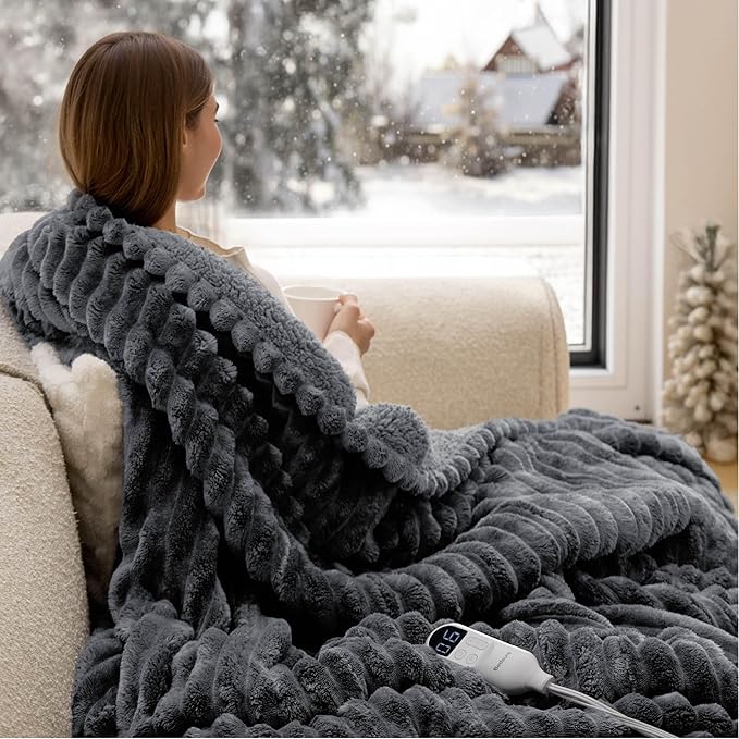 Bedsure Heated Blanket Electric Throw - Thick Striped Flannel Electric Blanket, Heating with 4 Time Settings, 6 Heat Settings, and 3-Hour Timer Auto Shut Off, Gift for Grandma (50x60 inches, Grey)