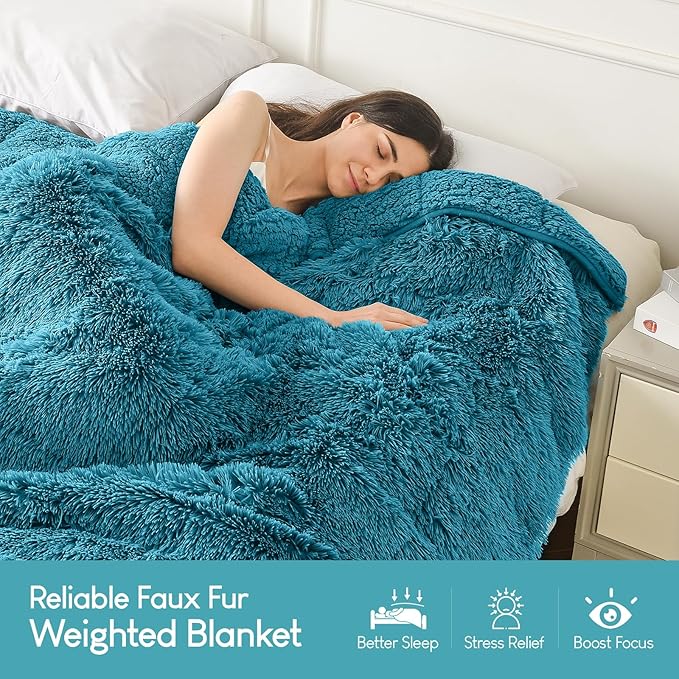 Cottonblue Weighted Blanket 20lbs, Faux Fur Reversible Luxury Snugly Long Fur Warm Heavy Blanket 60x80 inches, Warm Elegant Plush Sherpa Microfiber Blanket for Couch Bed Chair Photo Props,Teal Green
