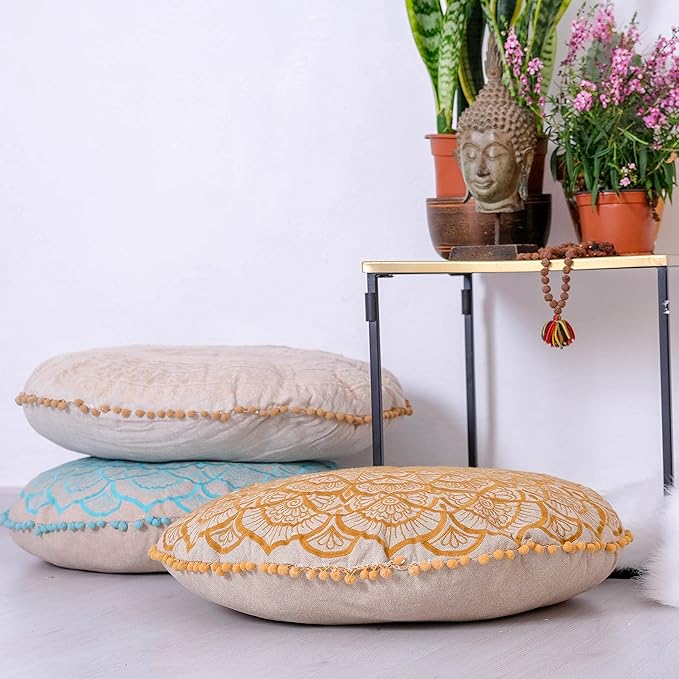 Mandala Life ART Bohemian Floor Cushion Cover –24 inches - Room Décor Decorative Round Pillow Case for Meditation, Yoga, and Boho Chic- Seating Area