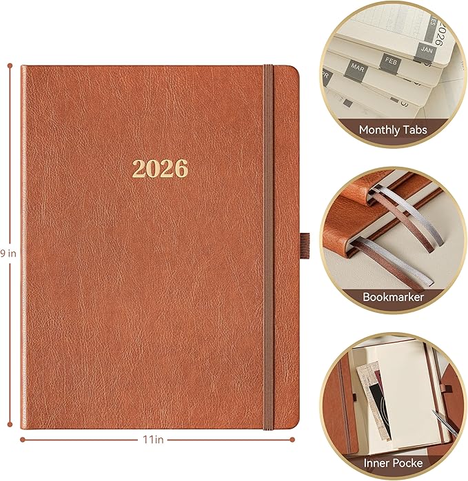 2026 Planner - 2026 Planner Weekly and Monthly, Jan.2026 - Dec.2026, 9" x 11", Weekly Monthly Planner 2026, Calendar Planner with Pen Holder + Elastic Closure + Leather Hardcover +Bookmarks - Brown