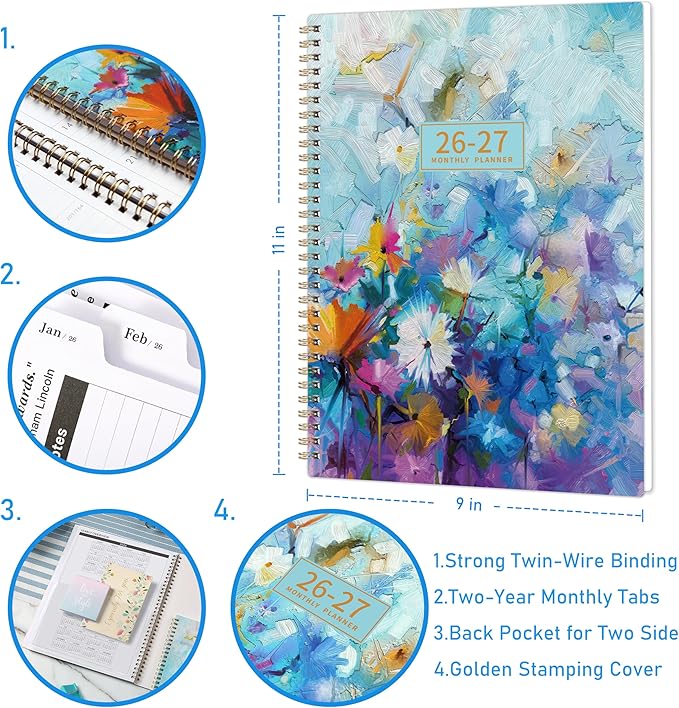2026-2027 Monthly Planner/Calendar - Jan. 2026 - Dec. 2027, 9" x 11", 2 Year Monthly Planner 2026-2027, Holidays, Month Tabs, Inner Pocket, Note Pages