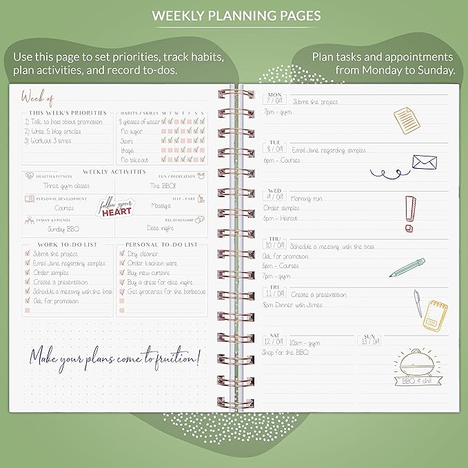 PLANBERRY Weekly Planner – Undated Life Organizer & Budget Planner – Time Management, Goal Setting, To-Do List, Work-Life Balance & Habit Tracker – 6.1″ x 8.1″ (Natural Green)