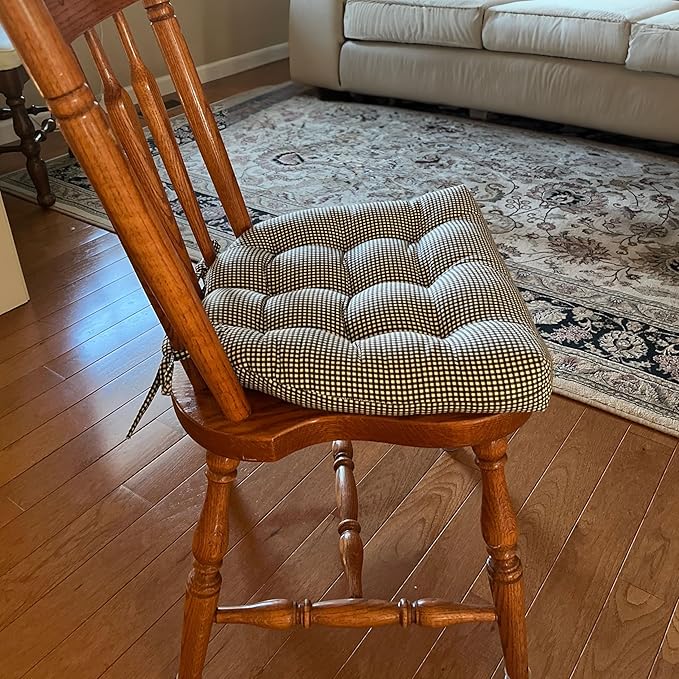 Barnett Home Decor Madrid Black Dining Chair Pad with Ties - 15 x 17 Size Small Chair Cushion - Latex Foam Fill - Machine Washable, 100% Cotton, Made in USA (Black White Gingham Check)