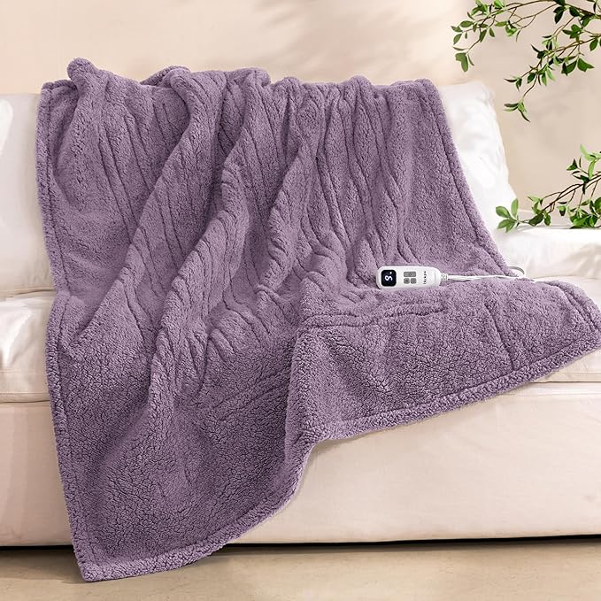 Electric Heated Blanket Twin 62x84 inches, Fast Heating w/ 10 Heat Settings & 2/4/8/10H Auto Timer, Double-Sided Sherpa, Ultra Soft & Cozy for Couch, Bed, Office, Machine Washable, Purple