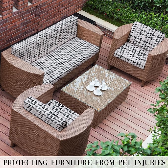 8Pcs Stretch Patio Cushion Covers Outdoor Cushion Cover, Jacquard Stretch Cushion Covers, Cover Replacement, Outdoor Sofa Covers, Washable Furniture Couch Cushion Cover (Ink colored grids)