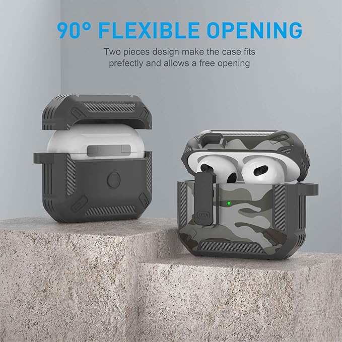 Maxjoy for AirPods Pro Case Cover with Lock, AirPods Pro 1st Generation Case for Men Military Rugged Protective Cover with Keychain Compatible with Apple AirPod Pros 2019 Front LED Visible, Grey Camo